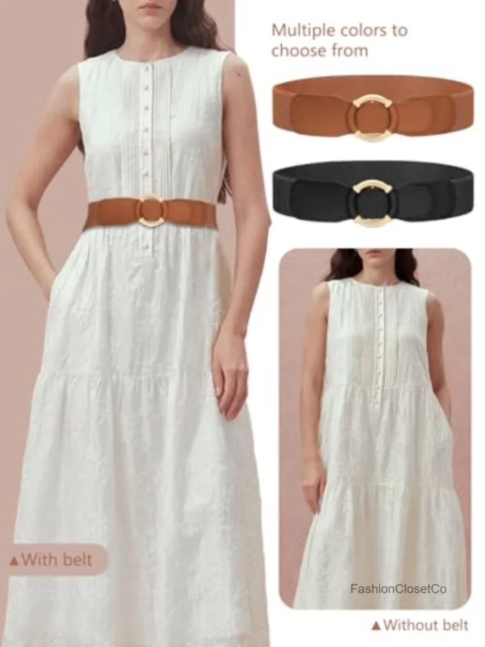 Women Elastic Stretch Waist Belt Faux Leather Metal Buckle